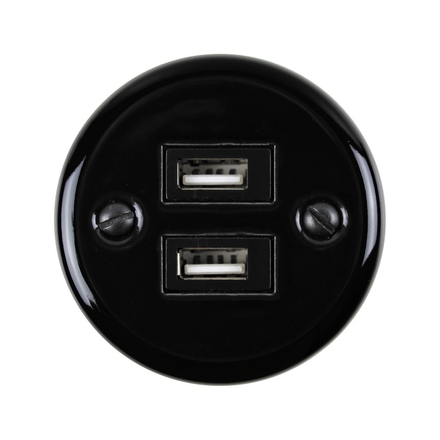 Elhard - Nástenná keramická retro zásuvka 2× USB-A čierna