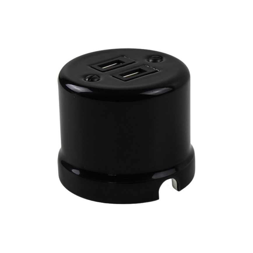 Elhard - Nástenná keramická retro zásuvka 2× USB-A čierna