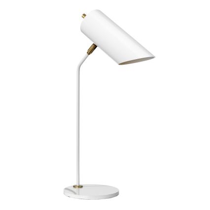 Biela stolová lampa s valcovitým tienidlom svieti. Je umiestnená na bielom kruhovom podstavci, s jednou nohou z rovnakého materiálu. Zlaté detaily sú viditeľné na spojoch.