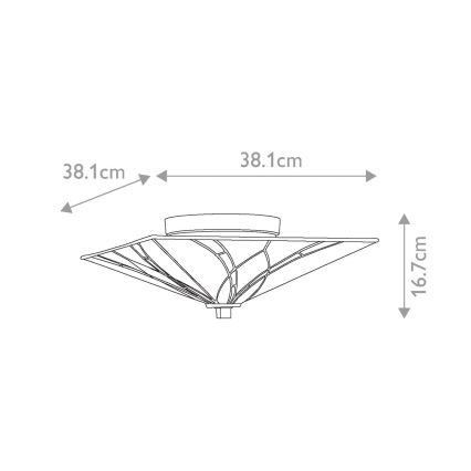 Stropné svietidlo s plochým tienidlom a geometrickým vzorom je pripevnené k stropu. Rozmery: 38,1 cm x 38,1 cm x 16,7 cm.