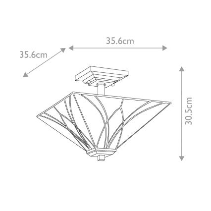 Stropná lampa s hranatým tienidlom s vnútornou štruktúrou je pripevnená k stropu. Rozmery: 35,6 cm x 35,6 cm x 30,5 cm.