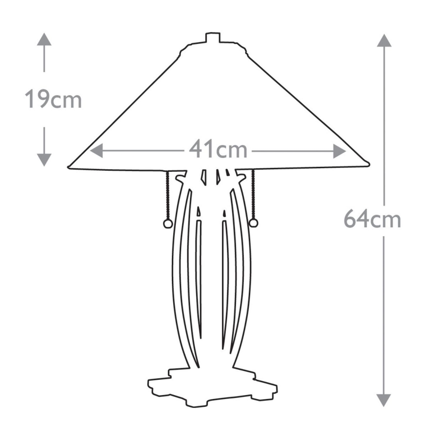 Stolová lampa s kužeľovitým tienidlom stojí na štvorcovej podstave. Tienidlo má priemer 41 cm a výšku 19 cm. Celková výška lampy je 64 cm.
