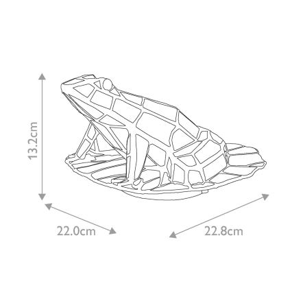 Žaba v geometrickom štýle sedí na plochom podstavci. Rozmery sú 13,2 cm na výšku, 22,0 cm na šírku a 22,8 cm na dĺžku.