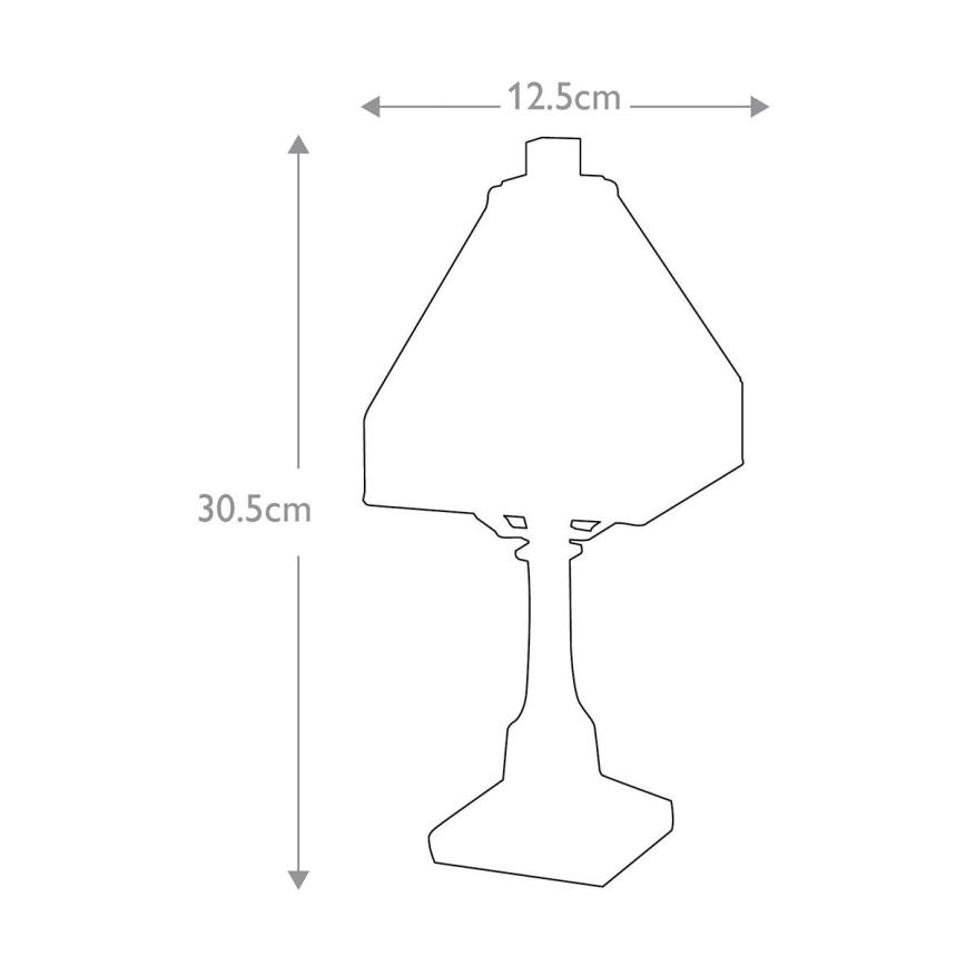 Stolová lampa s tienidlom v tvare štvorca, s výškou 30,5 cm a šírkou tienidla 12,5 cm. Lampa stojí na štvorcovej podstave.