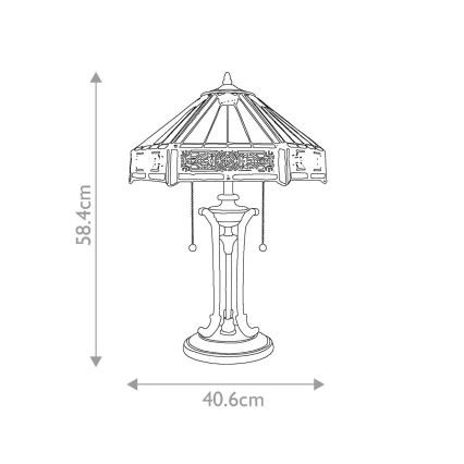 Stolová lampa s tienidlom z farebného skla stojí na štvorcovom podstavci. Výška lampy je 58,4 cm, šírka 40,6 cm.