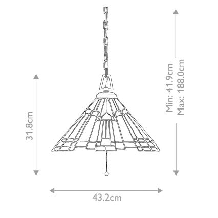 Závesné svietidlo s kužeľovitým tienidlom z farebného skla visí na reťazi. Rozmery: priemer 43,2 cm, výška tienidla 31,8 cm, dĺžka reťaze min. 41,9 cm, max. 188,0 cm.