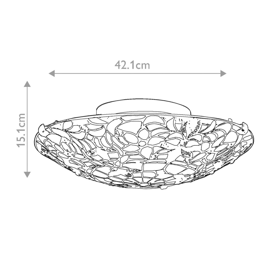 Svietidlo s priemerom 42,1 cm a výškou 15,1 cm je zobrazené zhora. Má plochý, miskovitý tvar s dekoračným vzorom pripomínajúcim mozaiku. Je znázornené s rozmermi.
