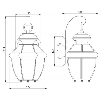 Nástená lampa sa montuje na stenu. Má tvar okrúhlej lampy s mnohouholníkovým sklom. Rozmery sú: 311 x 177 x 120 mm (vľavo) a 169 x 140 x 70 mm (vpravo).