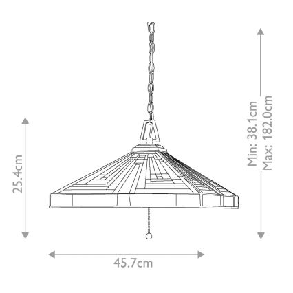 Závesné svietidlo s kužeľovitým tienidlom visí na reťazi. Tienidlo má geometrický vzor. Rozmery: priemer 45,7 cm, výška 25,4 cm, dĺžka reťaze 38,1 - 182,0 cm.