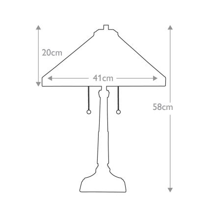 Stolová lampa s kužeľovitým tienidlom je zobrazená s rozmermi: výška 58 cm, šírka tienidla 41 cm, výška tienidla 20 cm.