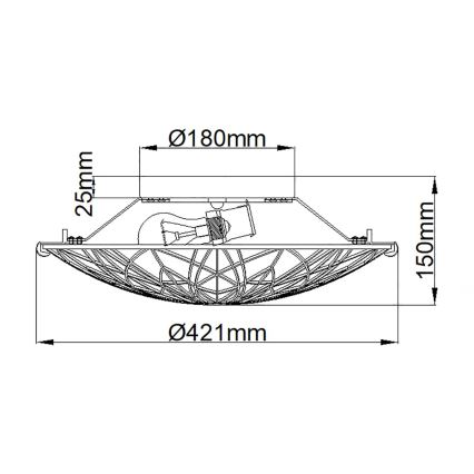 Technický výkres stropného svietidla s priemerom 421 mm a výškou 150 mm. Svietidlo obsahuje žiarovku a má dekoratívnu mriežku. Priemer vnútornej časti je 180 mm, výška 25 mm.