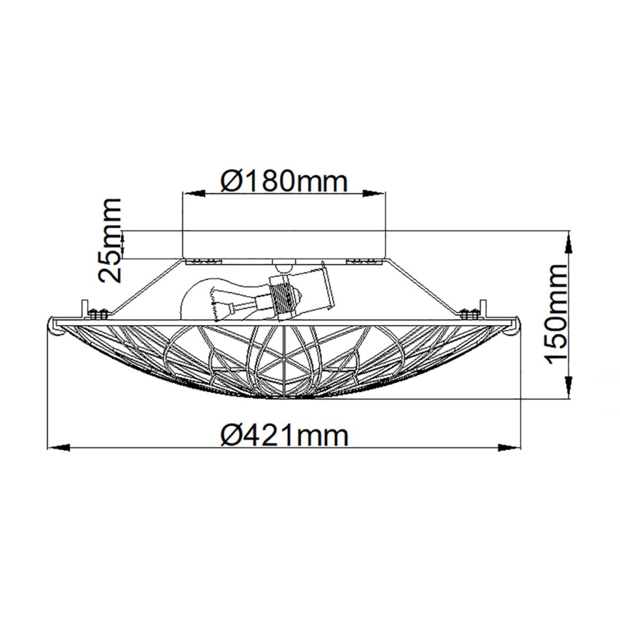 Technický výkres stropného svietidla s priemerom 421 mm a výškou 150 mm. Svietidlo obsahuje žiarovku a má dekoratívnu mriežku. Priemer vnútornej časti je 180 mm, výška 25 mm.