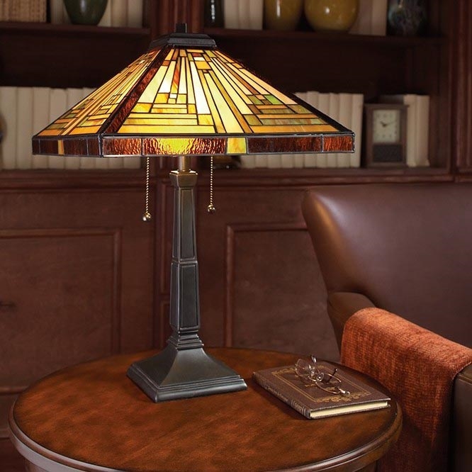 Stolová lampa s tienidlom z farebného skla stojí na tmavom drevenom stolíku. Lampa má štvorcový podstavec a retiazkové vypínače. Vedľa lampy ležia okuliare a kniha. Pozadí tvorí hnedá kožená sedačka a knižnica.