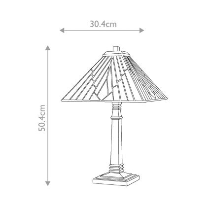 Stolová lampa s kužeľovitým tienidlom z farebného skla stojí na štvorcovej základni. Rozmery: výška 50,4 cm, šírka 30,4 cm.