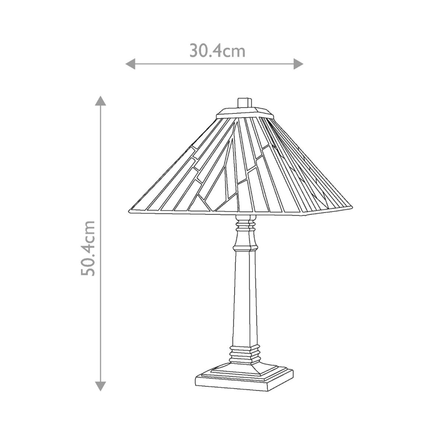 Stolová lampa s kužeľovitým tienidlom z farebného skla stojí na štvorcovej základni. Rozmery: výška 50,4 cm, šírka 30,4 cm.