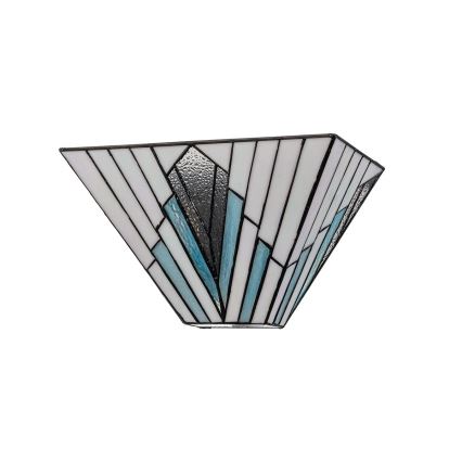 Svietidlo v tvare štvorcovej pyramídy s vitrážovým tienidlom v odtieňoch bielej a svetlomodrej je pripevnené na stenu. Tienidlo je zložené z geometrických tvarov.