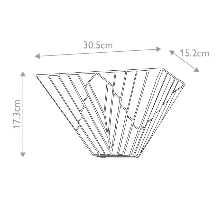Nástená lampa tvaru skráteného kužeľa s geometrickým vzorom je znázornená s rozmermi: šírka 30,5 cm, hĺbka 15,2 cm, výška 17,3 cm.