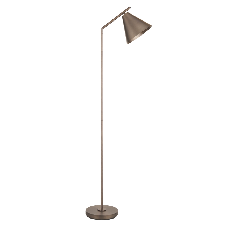 Stojacia lampa s kužeľovitým tienidlom stojí na kruhovom podstavci. Lampa je kovová, tmavo bronzovej farby. Tienidlo je nasmerované mierne do strany.