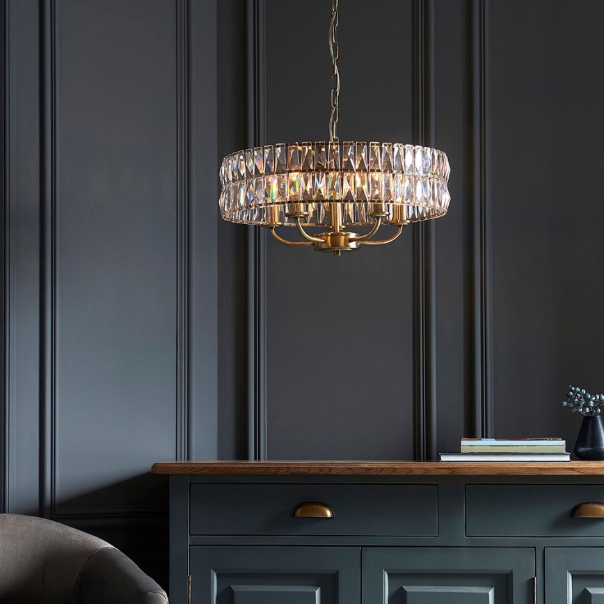 Endon 106244 - Luster na reťazi CLIFTON 5xE14/6W/230V mosadz/číre sklo