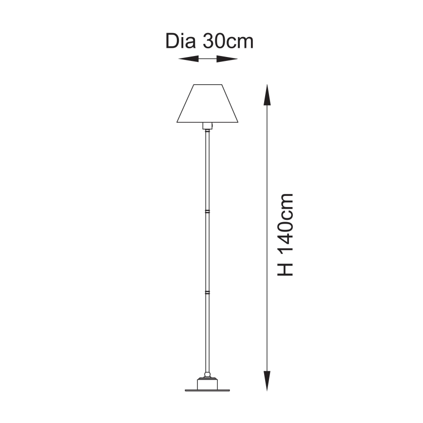 Stojacia lampa s kužeľovitým tienidlom s priemerom 30 cm, vysoká 140 cm, stojí na kruhovej základni.