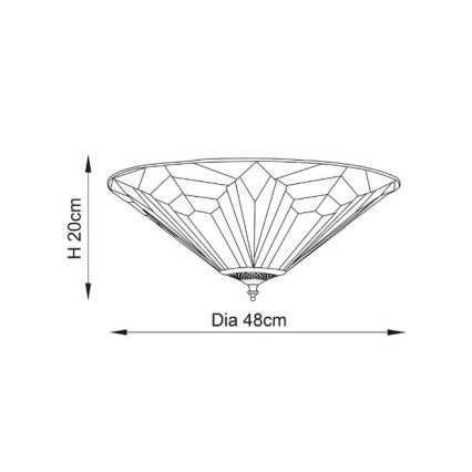 Svietidlo v tvare obráteného kužeľa s fasetovaným sklom visí zo stropu. Má priemer 48 cm a výšku 20 cm.