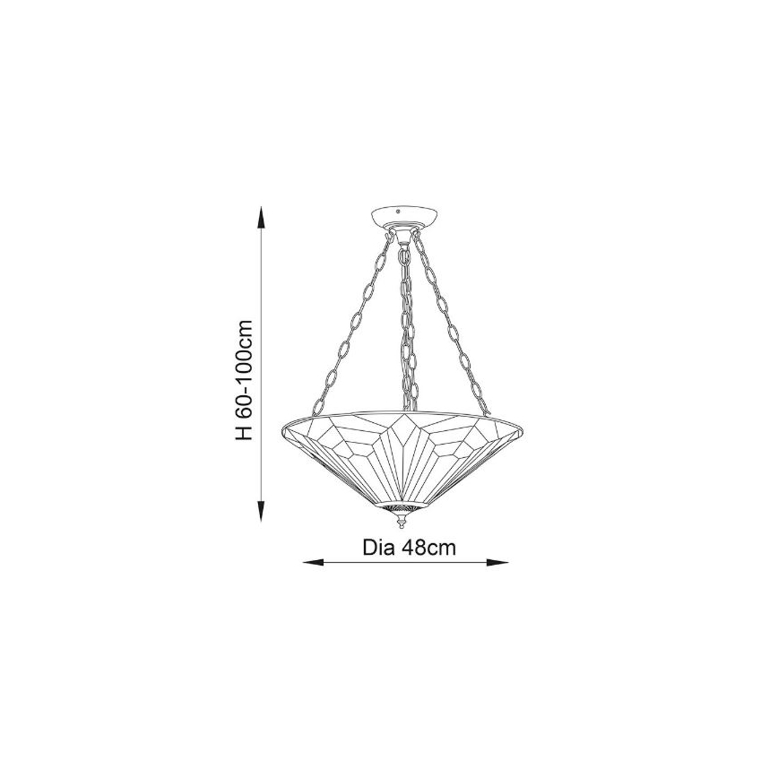 Závesné svietidlo s kužeľovitým tienidlom visí zo stropu na troch reťaziach. Rozmery: výška 60-100 cm, priemer 48 cm.