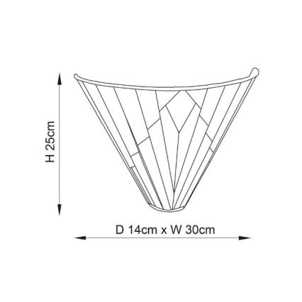 Nástená lampa tvaru kužeľa s geometrickým vzorom je zobrazená v čiernobielej schéme. Rozmery: výška 25 cm, hĺbka 14 cm, šírka 30 cm.