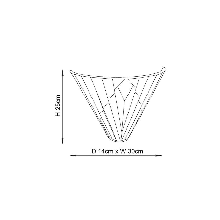 Nástená lampa tvaru kužeľa s geometrickým vzorom je zobrazená v čiernobielej schéme. Rozmery: výška 25 cm, hĺbka 14 cm, šírka 30 cm.
