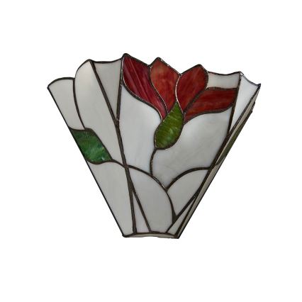 Svietnik v tvare kužeľa s červenými kvetmi a zelenými listami z farebného skla je umiestnený na bielom pozadí.