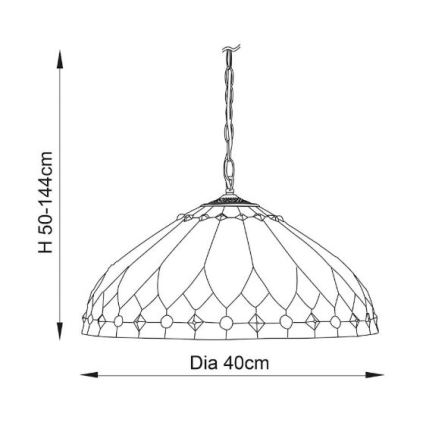 Závesné svietidlo s tienidlom v tvare kupoly, zdobeným vitrážou, visí na reťazi. Výška je 50-144 cm, priemer 40 cm.