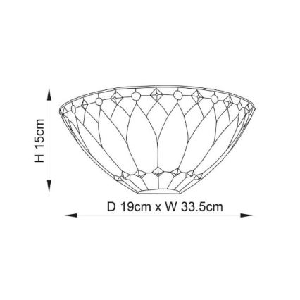 Svietidlo v tvare misy s ozdobnými výrezmi je zobrazené v čelnom pohľade. Rozmery: výška 15 cm, priemer 19 cm a šírka 33,5 cm.