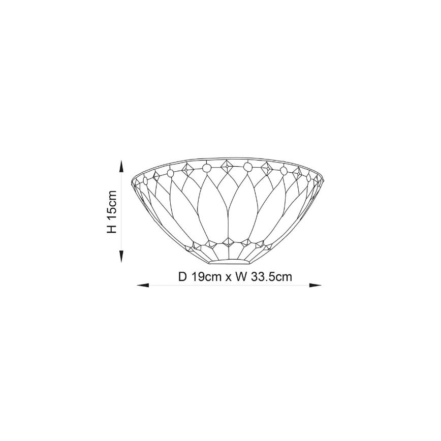 Svietidlo v tvare misy s ozdobnými výrezmi je zobrazené v čelnom pohľade. Rozmery: výška 15 cm, priemer 19 cm a šírka 33,5 cm.