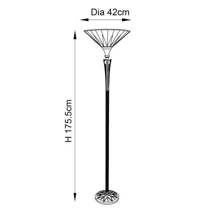 Stojacia lampa s rozsiahlym tienidlom s priemerom 42 cm stojí na kruhovej základni. Výška lampy je 175,5 cm. Lampa je zobrazená na bielom pozadí s rozmermi.