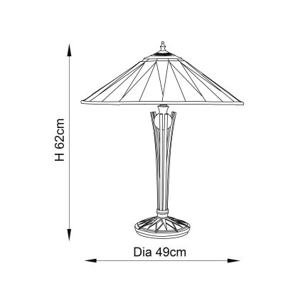 Stolová lampa s rozsiahlym tienidlom a vysokým, úzkym podstavcom stojí na ploche. Výška je 62 cm, priemer podstavca 49 cm.