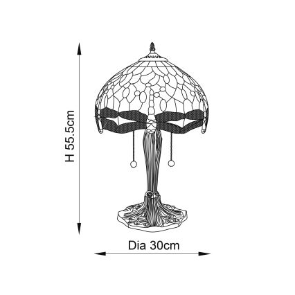 Stolová lampa s tienidlom z farebného skla stojí na ozdobnej nohe. Výška je 55,5 cm, priemer podstavca 30 cm.