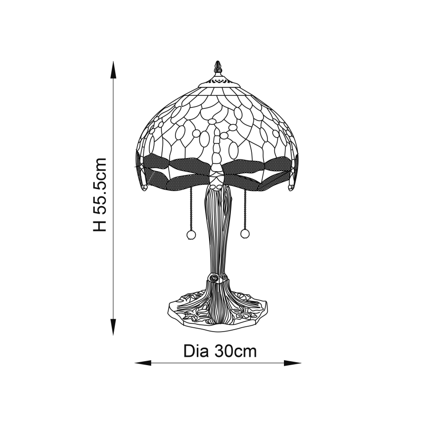 Stolová lampa s tienidlom z farebného skla stojí na ozdobnej nohe. Výška je 55,5 cm, priemer podstavca 30 cm.
