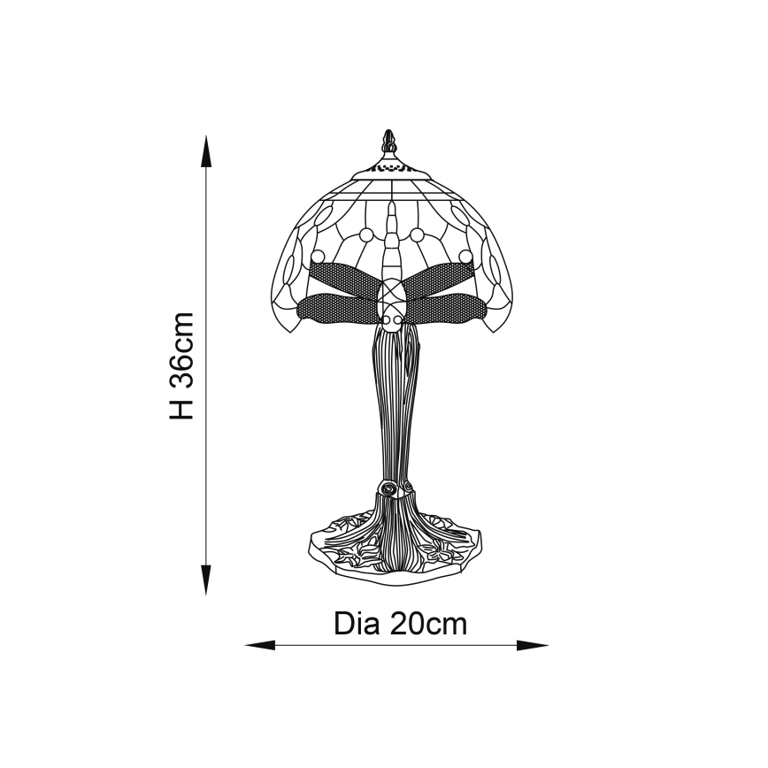Stolová lampa s tienidlom v tvare vážky stojí na ozdobnej nohe. Výška je 36 cm, priemer základne 20 cm.