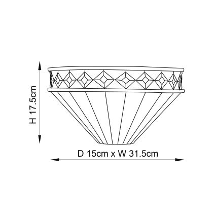 Nástená lampa tvaru obráteného kužeľa s ozdobným pásom. Rozmery: výška 17,5 cm, priemer 15 cm, šírka 31,5 cm.