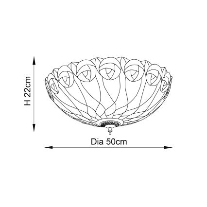 Stropné svietidlo s priemerom 50 cm a výškou 22 cm je znázornené v čiernobielej schéme. Svietidlo má tvar misy s ozdobným vzorom.