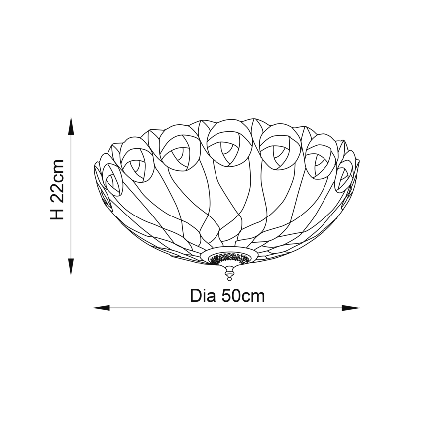 Stropné svietidlo s priemerom 50 cm a výškou 22 cm je znázornené v čiernobielej schéme. Svietidlo má tvar misy s ozdobným vzorom.