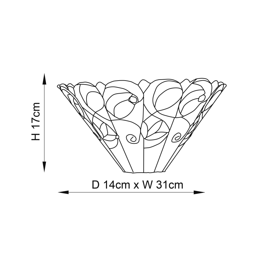 Svietidlo v tvare kužeľa s ozdobným vzorom je znázornené s rozmermi: výška 17 cm, priemer 14 cm a šírka 31 cm.