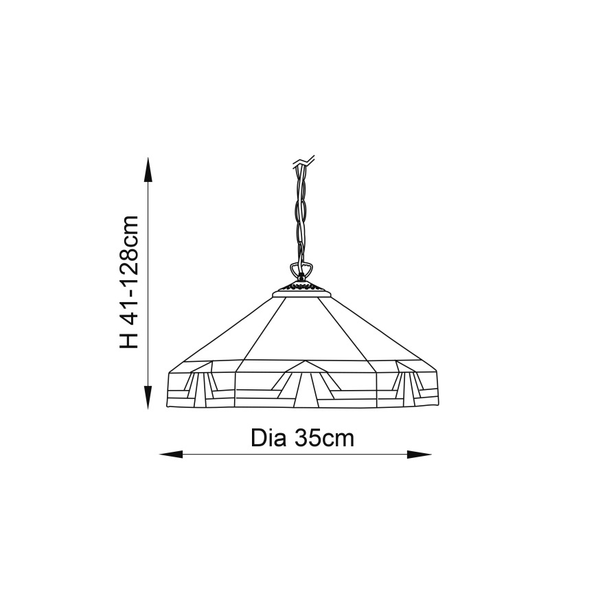 Závesné svietidlo s tienidlom z farebného skla visí na reťazi. Tienidlo má priemer 35 cm a výšku 41-128 cm. Schéma zobrazuje rozmery.