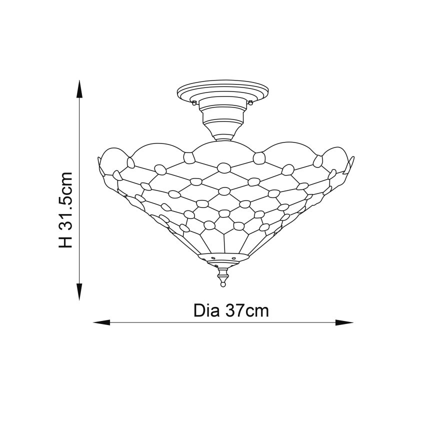 Svietidlo s rozmermi priemer 37 cm a výška 31,5 cm. Má tvar zrezaného kužeľa s mriežkovou štruktúrou. Je určené na stropné osvetlenie.