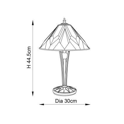 Stolová lampa s kužeľovitým tienidlom stojí na okrúhlej podnoži. Výška je 44,5 cm, priemer podnože 30 cm.