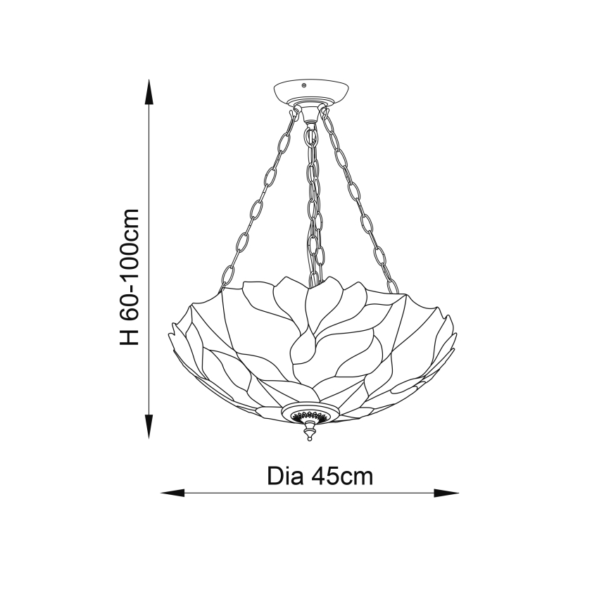 Závesné svietidlo s tienidlom v tvare kvetu visí na troch reťaziach. Priemer tienidla je 45 cm, výška 60-100 cm.
