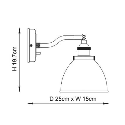 Nástené svietidlo s polguľovým tienidlom je pripevnené na stenu. Rozmery: výška 19,7 cm, priemer tienidla 25 cm, šírka 15 cm.