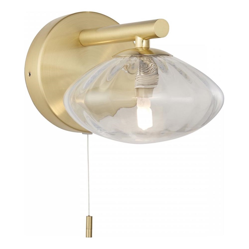 Zlatá nástenná lampa s guľovitým skleneným tienidlom osvetľuje priestor. Zapína sa šnúrkou. Lampa je pripevnená na stenu.