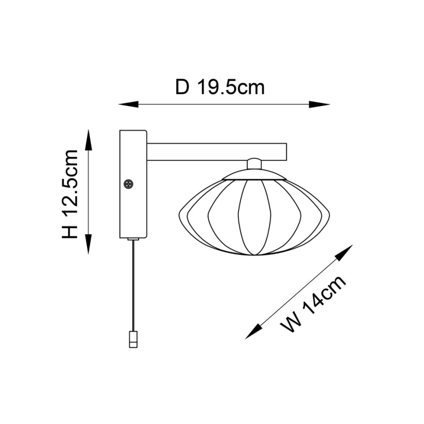 Nástená lampa s oválnym tienidlom sa pripevňuje na stenu. Rozmery: výška 12,5 cm, šírka 14 cm, priemer 19,5 cm. Lampa je zobrazená s prívodným káblom a vypínačom.