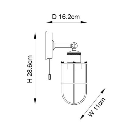 Nástená lampa s klietkovým tienidlom je pripevnená na stenu. Má výšku 28,6 cm, šírku 11 cm a hĺbku 16,2 cm. Je vybavená šnúrkovým vypínačom.