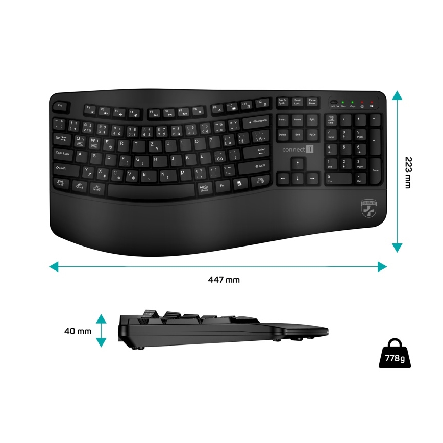 Ergonomická bezdrôtová klávesnica s CZ/SK lokalizáciou 1xAA čierna